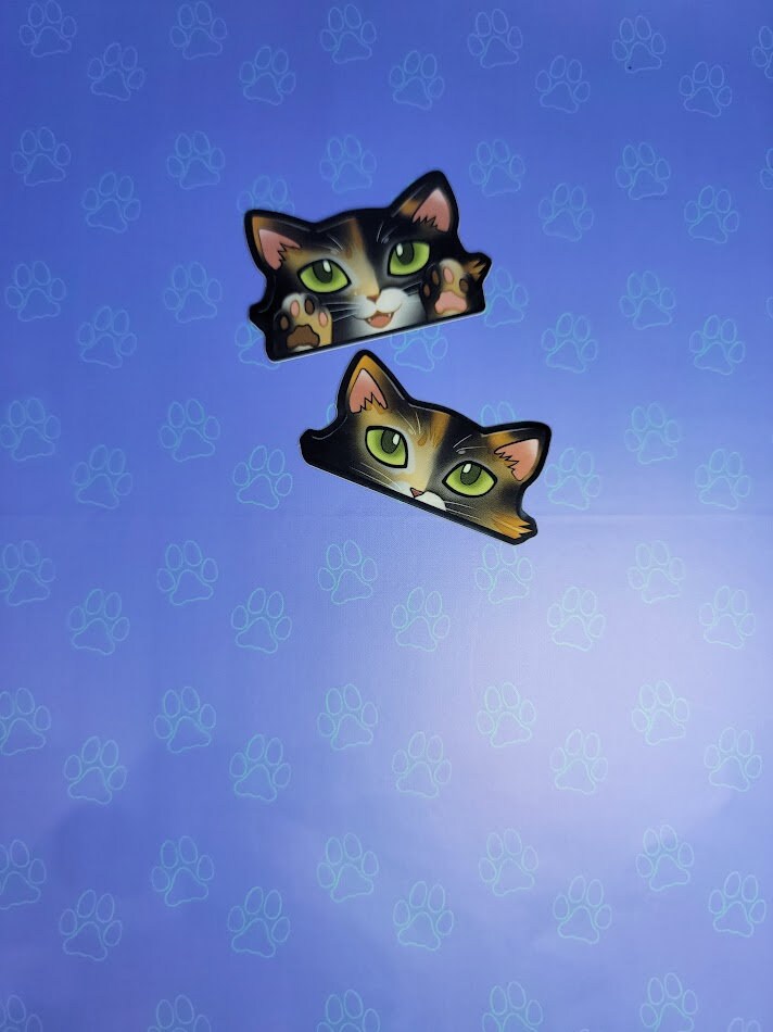 2 Pack Cat-Mini-Peekers Cat Peeking Stickers |Cat Face and Paws| Calico-Tortoiseshell 2"x1.05"-2"x1.30"