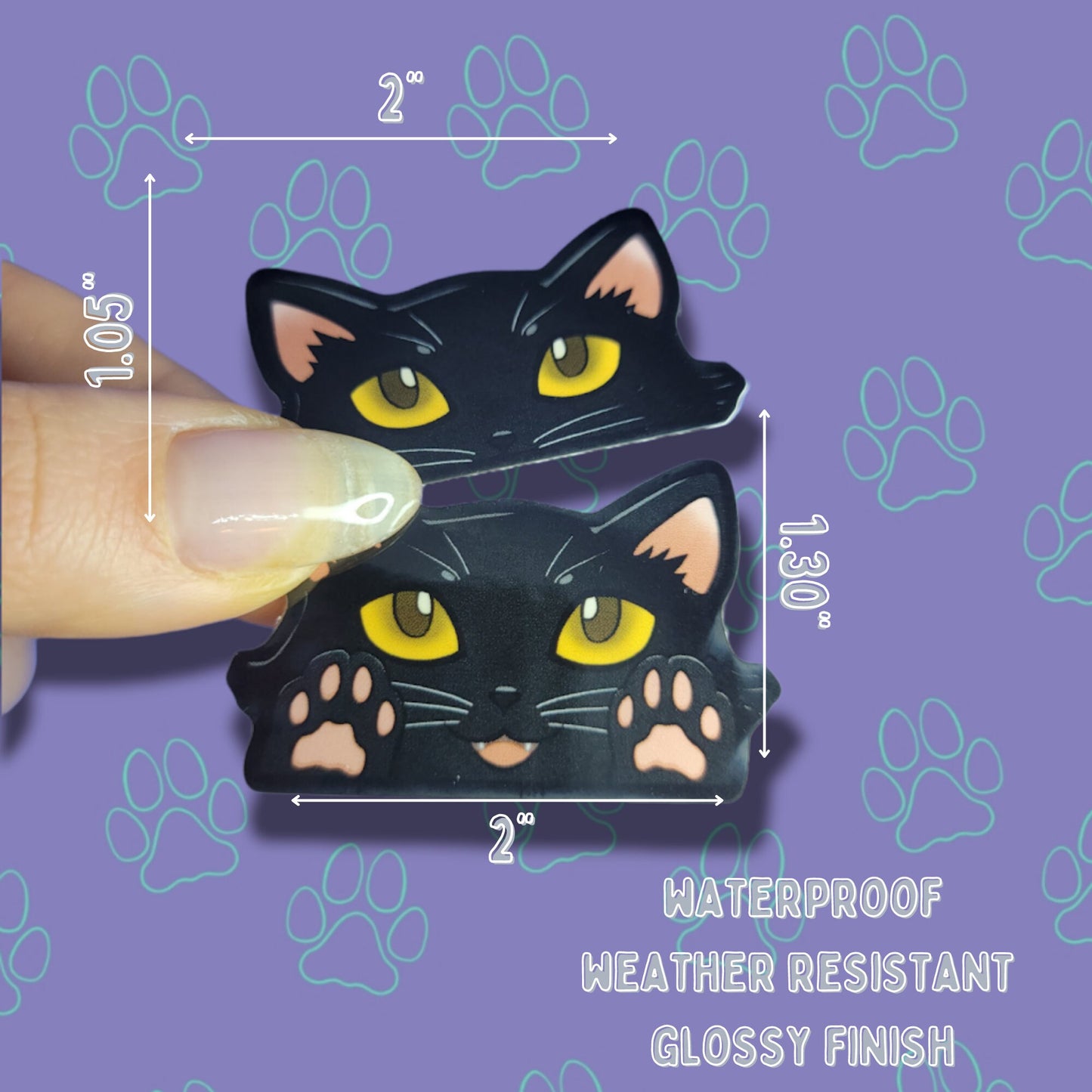 2 Pack Cat-Mini-Peekers Cat Peeking Stickers |Cat Face and Paws| Black-White 2"x1.05"-2"x1.30"