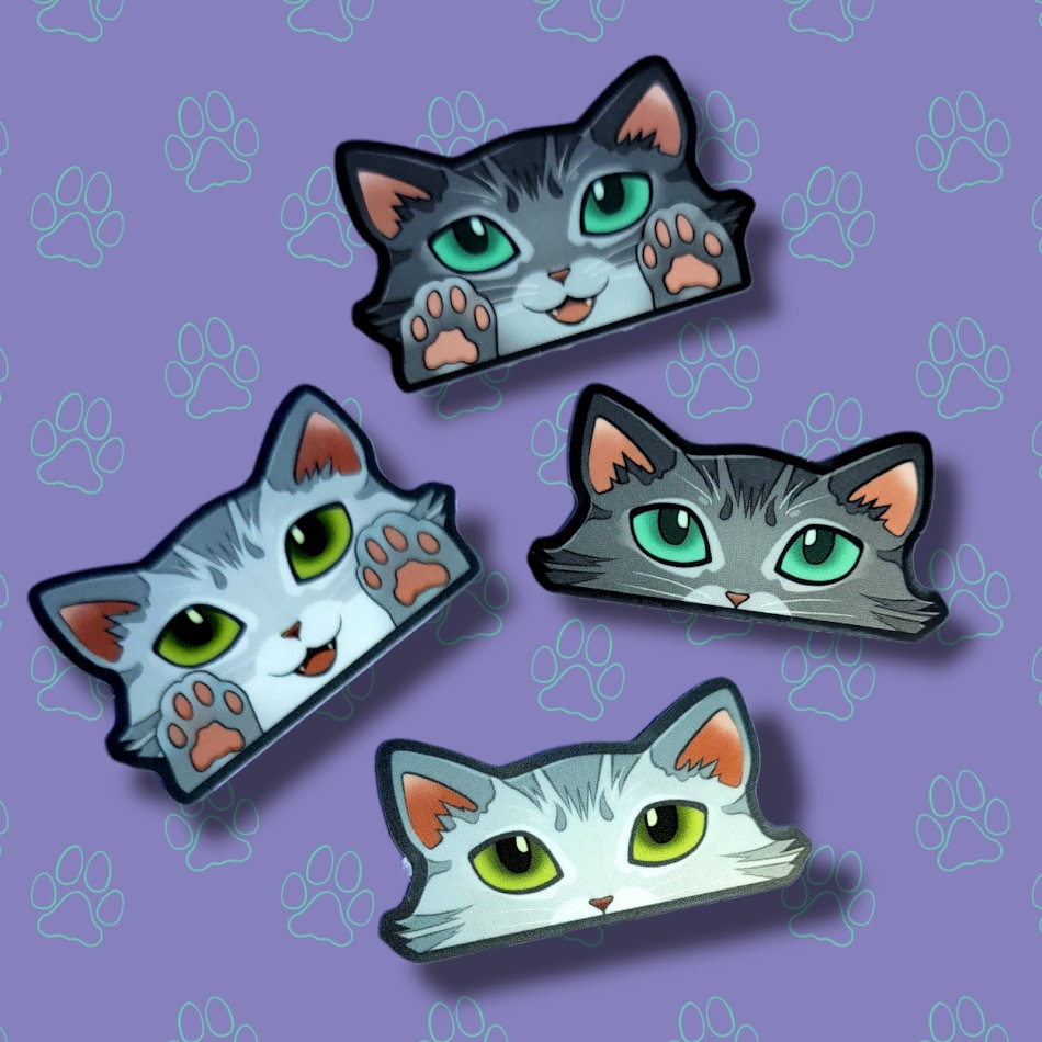 2 Pack Cat-Mini-Peekers Cat Peeking Stickers |Cat Face and Paws| Silver-Grey 2"x1.05"-2"x1.30"
