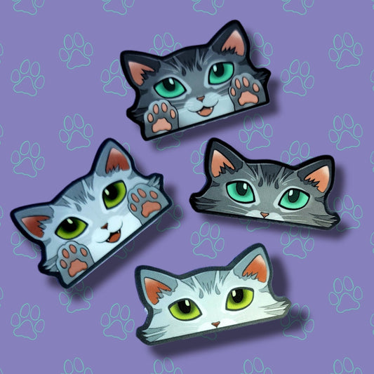 2 Pack Cat-Mini-Peekers Cat Peeking Stickers |Cat Face and Paws| Silver-Grey 2"x1.05"-2"x1.30"