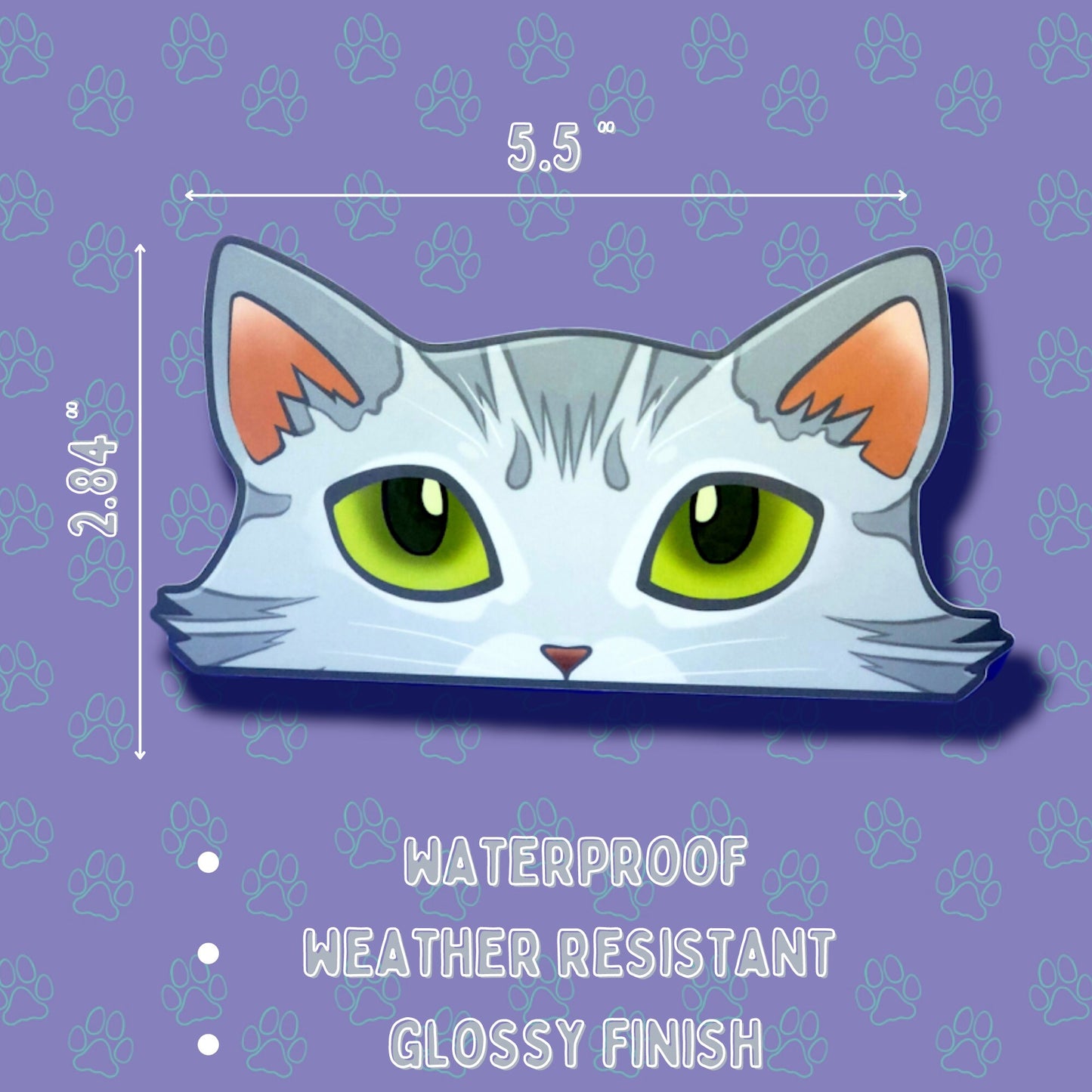 Cat-Window-Peeker Cat Peeking Sticker |Cat Face Sticker| Silver-Grey 5.5"x2.84"
