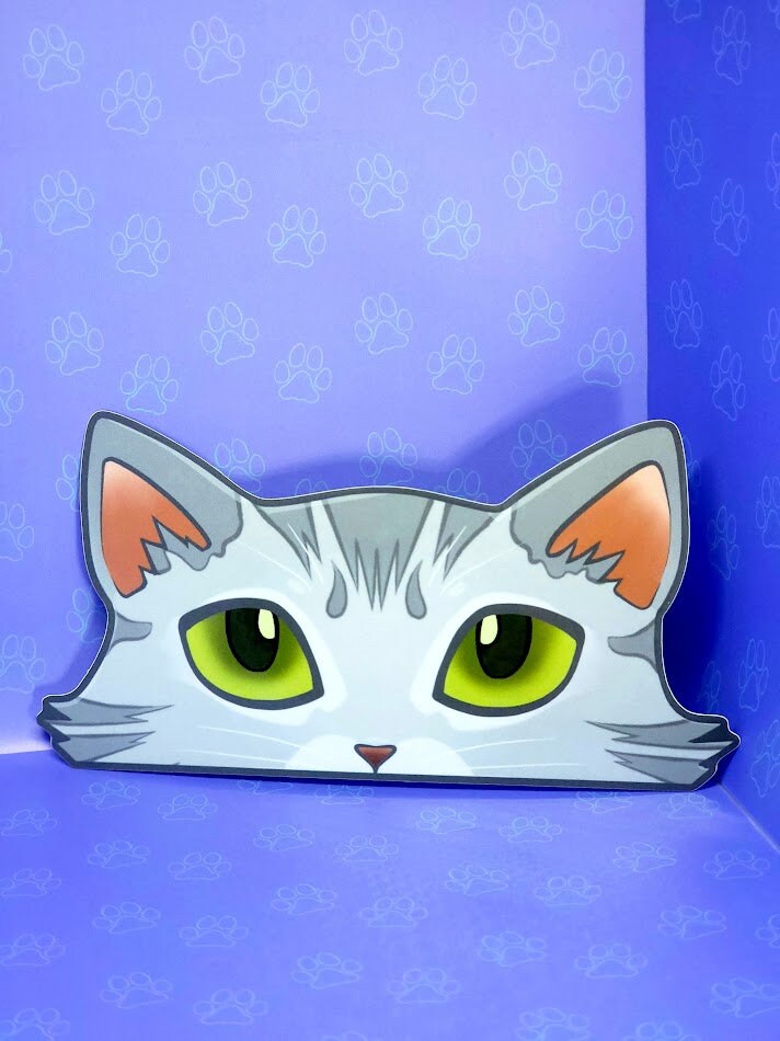 Cat-Window-Peeker Cat Peeking Sticker |Cat Face Sticker| Silver-Grey 5.5"x2.84"