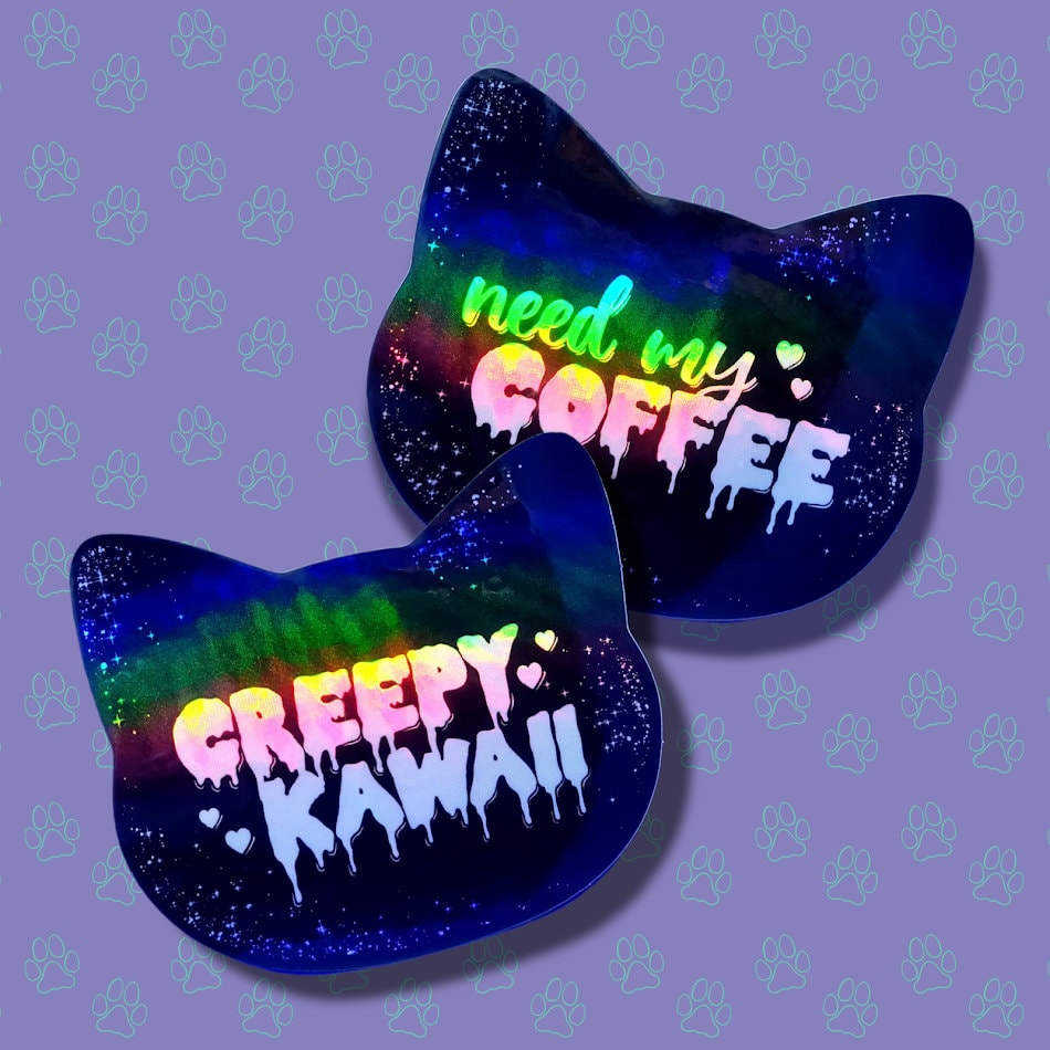 Cat-Cute-Holographic  Need My Coffee Sticker-Creepy Kawaii Sticker |Cat Quote Holographic| Holographic Black 3"x2.6"