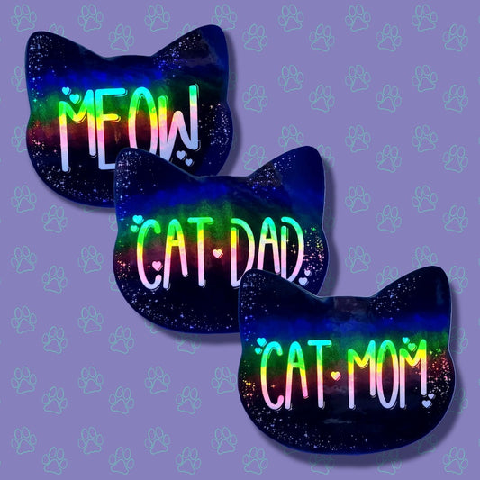 Cat-Cute-Holographic  Cat Mom Sticker-Cat Dad Sticker-Meow Sticker |Cat Quote Holographic| Holographic Black 3"x2.6"