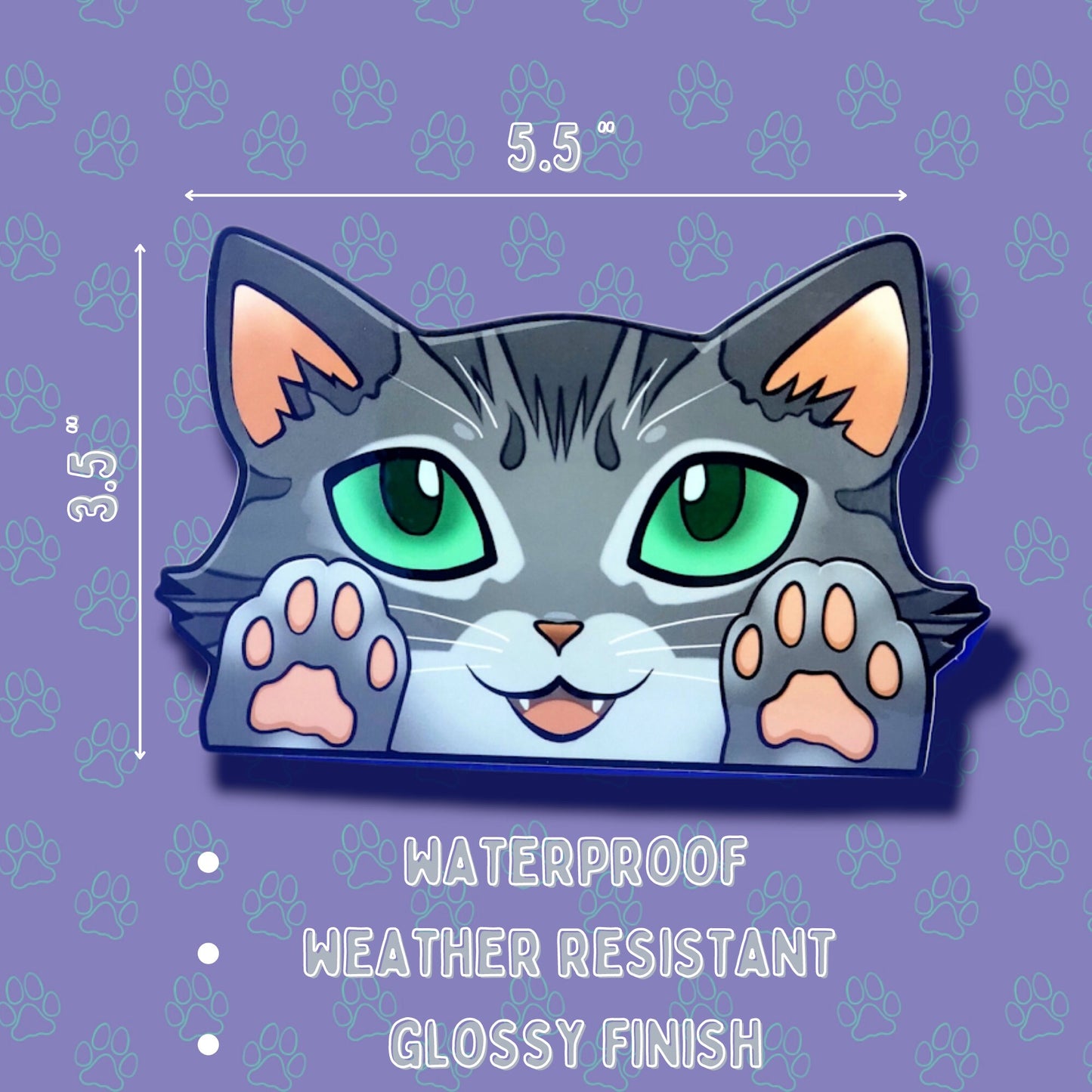 Cat-Window-Peeker Cat Peeking Sticker |Cat Face and Paws| Silver-Grey 5.5"x3.5"