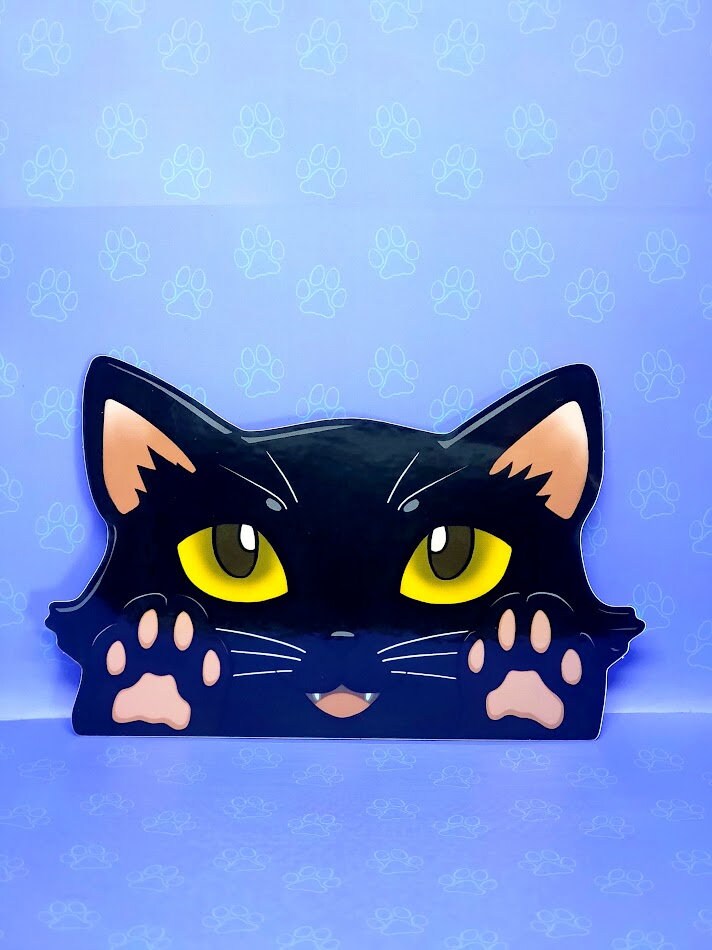 Cat-Window-Peeker Cat Peeking Sticker |Cat Face and Paws| Black-White 5.5"x3.5"