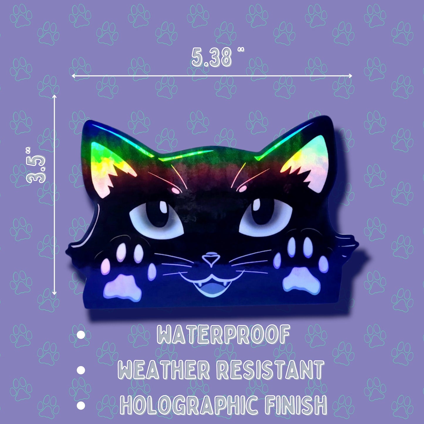 Cat-Window-Peeker Cat Peeking Sticker |Cat Face and Paws| Holographic Black 5.38"x3.5"-5.5"x2.89"
