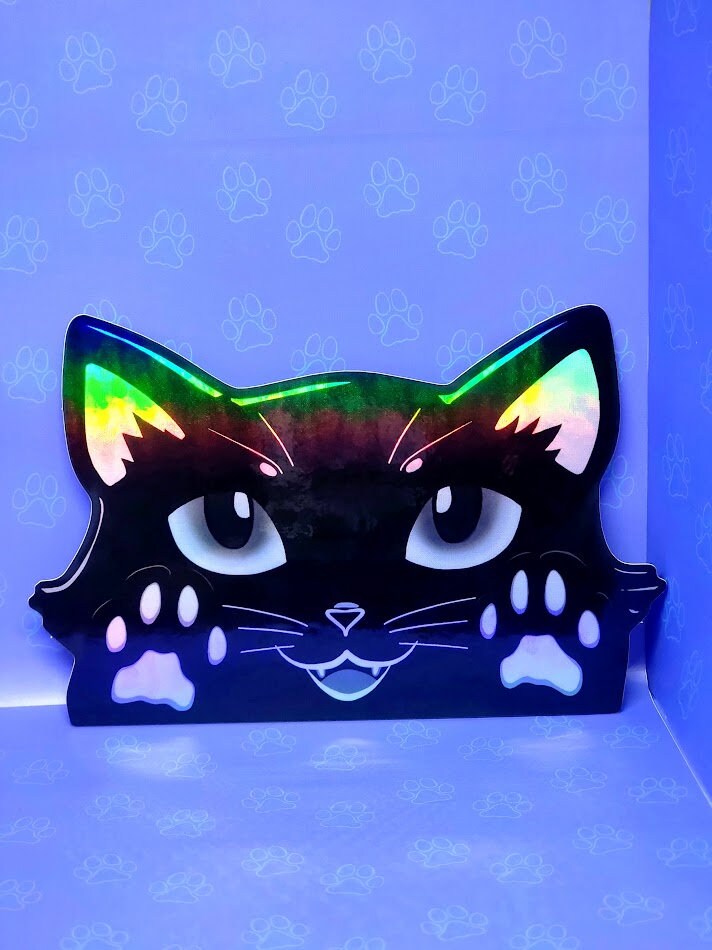 Cat-Window-Peeker Cat Peeking Sticker |Cat Face and Paws| Holographic Black 5.38"x3.5"-5.5"x2.89"