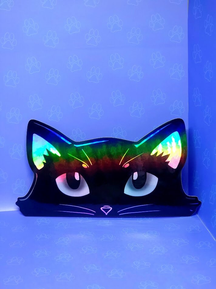 Cat-Window-Peeker Cat Peeking Sticker |Cat Face and Paws| Holographic Black 5.38"x3.5"-5.5"x2.89"