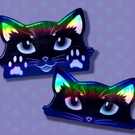 Cat-Window-Peeker Cat Peeking Sticker |Cat Face and Paws| Holographic Black 5.38"x3.5"-5.5"x2.89"