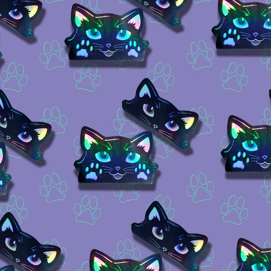 2 Pack Holographic Cat-Mini-Peekers Cat Peeking Stickers |Cat Face and Paws| Holographic Black 2"x1.05"-2"x1.30"