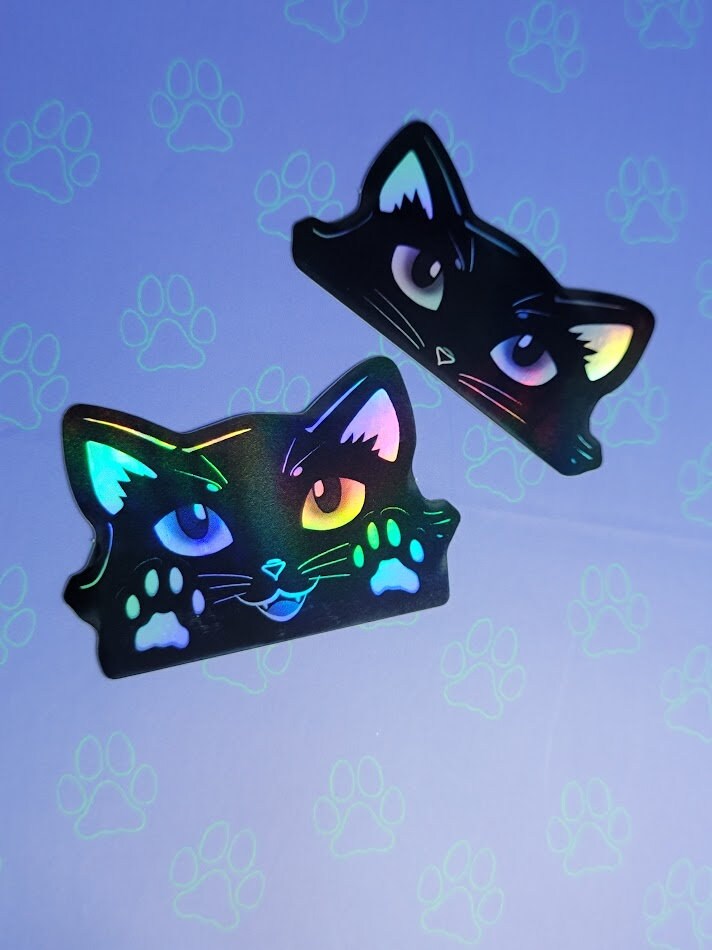 2 Pack Holographic Cat-Mini-Peekers Cat Peeking Stickers |Cat Face and Paws| Holographic Black 2"x1.05"-2"x1.30"