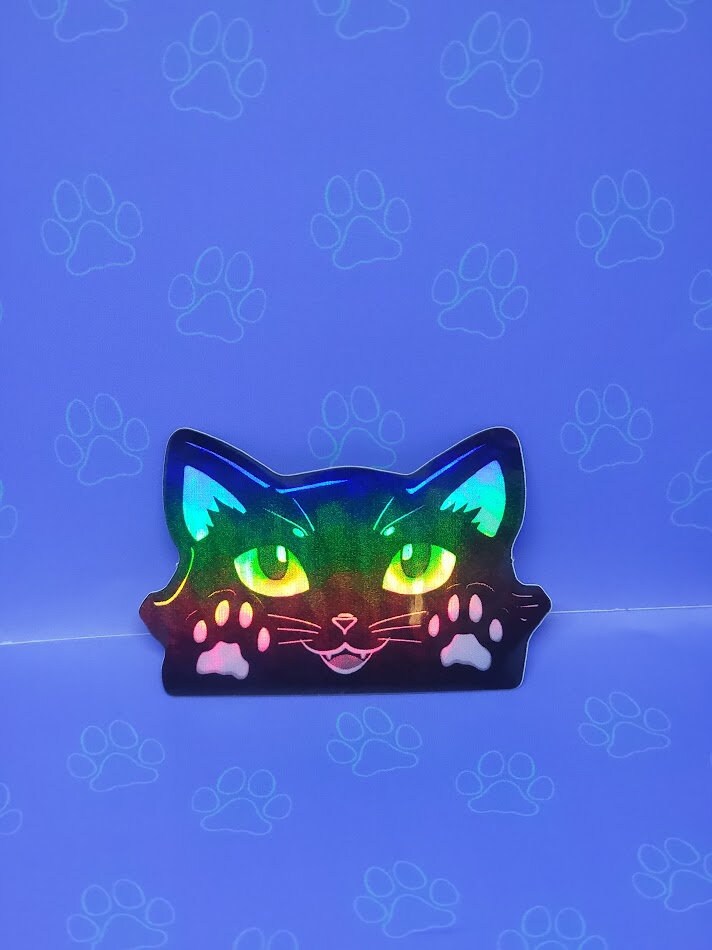 2 Pack Holographic Cat-Mini-Peekers Cat Peeking Stickers |Cat Face and Paws| Holographic Black 2"x1.05"-2"x1.30"