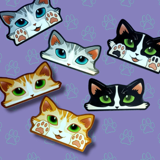 2 Pack Cat-Mini-Peekers Cat Peeking Stickers |Cat Face and Paws| Black and White-Silver and White-Orange and White 2"x1.05"-2"x1.30"