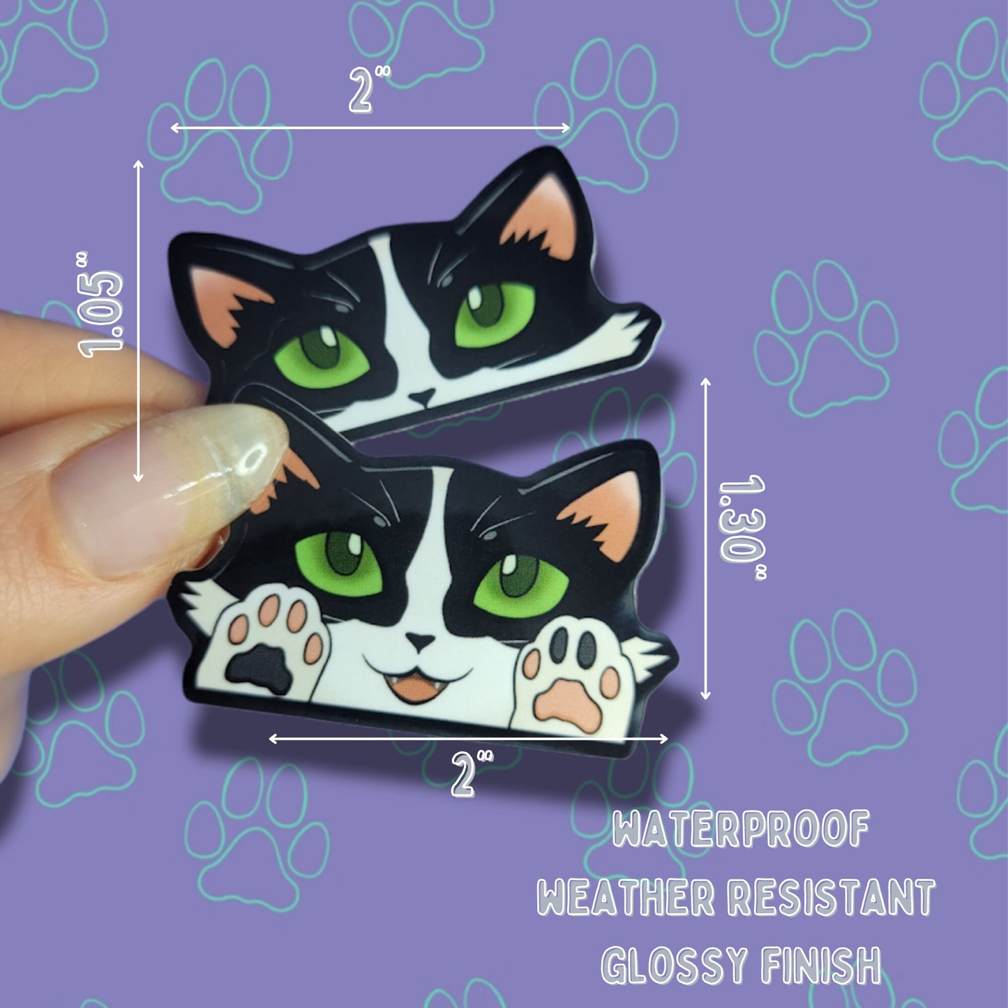 2 Pack Cat-Mini-Peekers Cat Peeking Stickers |Cat Face and Paws| Black and White-Silver and White-Orange and White 2"x1.05"-2"x1.30"