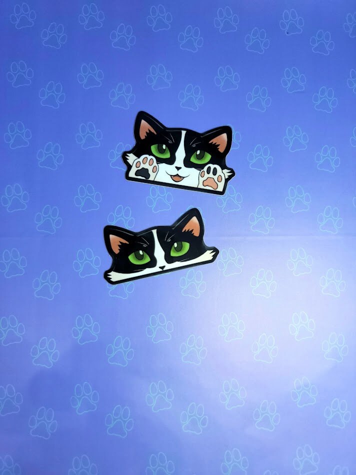 2 Pack Cat-Mini-Peekers Cat Peeking Stickers |Cat Face and Paws| Black and White-Silver and White-Orange and White 2"x1.05"-2"x1.30"