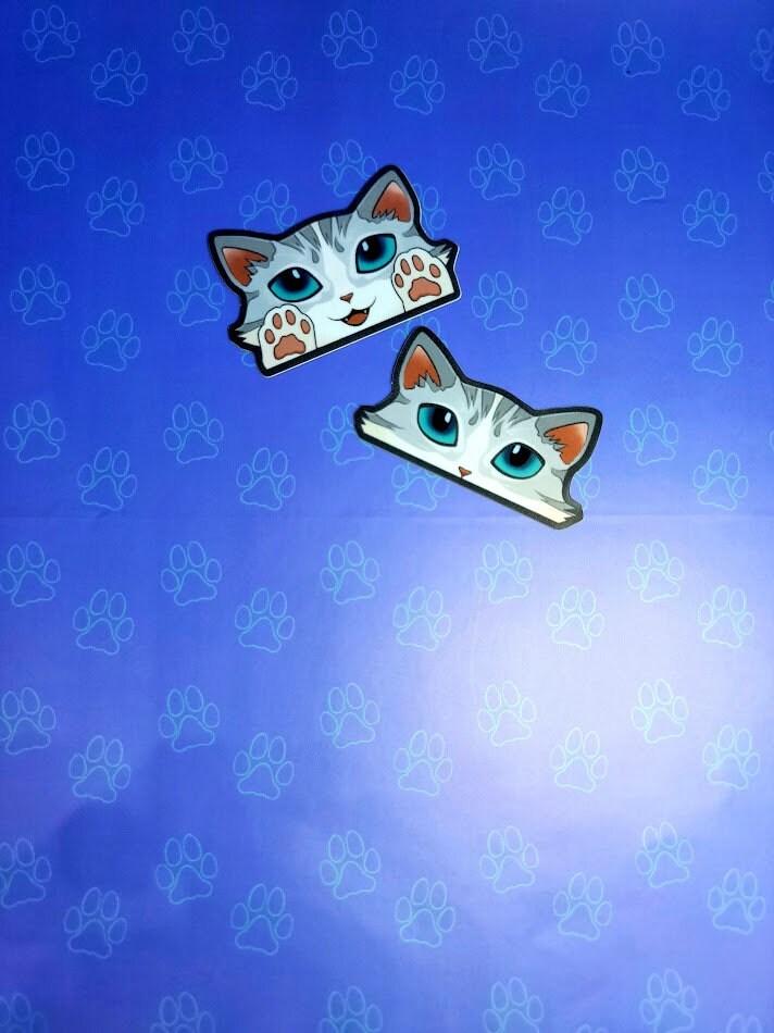 2 Pack Cat-Mini-Peekers Cat Peeking Stickers |Cat Face and Paws| Black and White-Silver and White-Orange and White 2"x1.05"-2"x1.30"