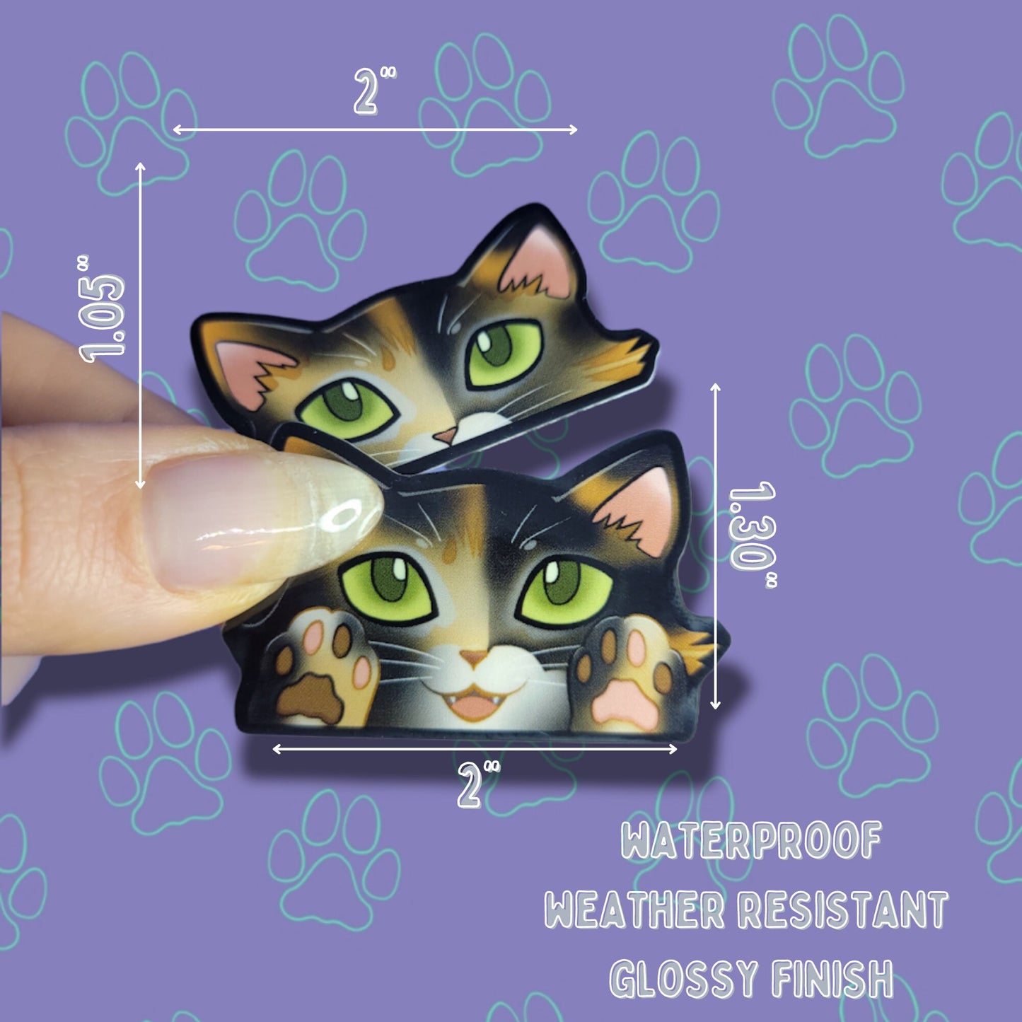 2 Pack Cat-Mini-Peekers Cat Peeking Stickers |Cat Face and Paws| Calico-Tortoiseshell 2"x1.05"-2"x1.30"