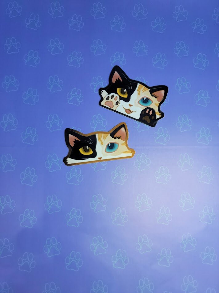 2 Pack Cat-Mini-Peekers Cat Peeking Stickers |Cat Face and Paws| Calico-Tortoiseshell 2"x1.05"-2"x1.30"