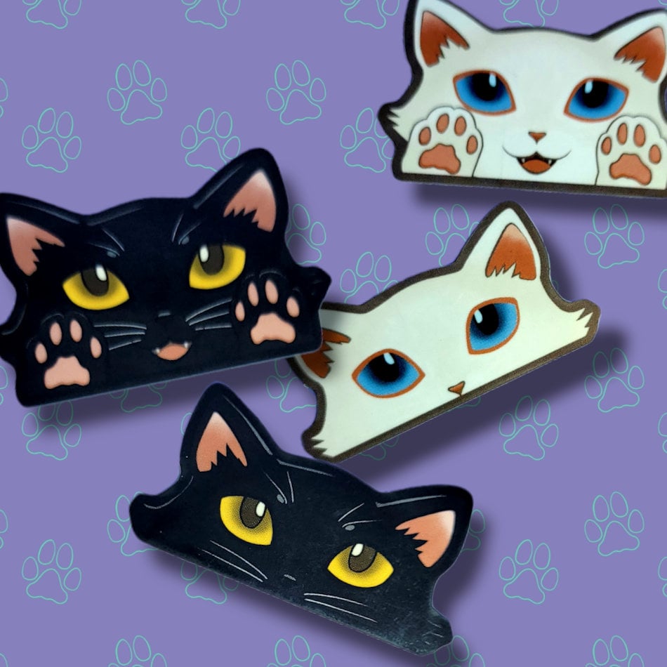2 Pack Cat-Mini-Peekers Cat Peeking Stickers |Cat Face and Paws| Black-White 2"x1.05"-2"x1.30"