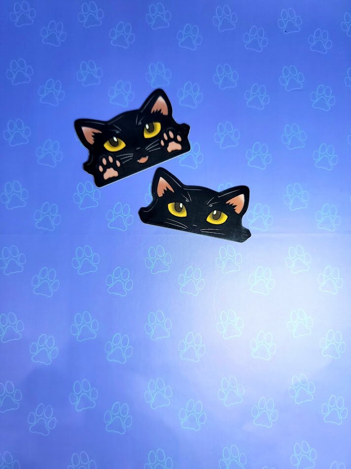 2 Pack Cat-Mini-Peekers Cat Peeking Stickers |Cat Face and Paws| Black-White 2"x1.05"-2"x1.30"