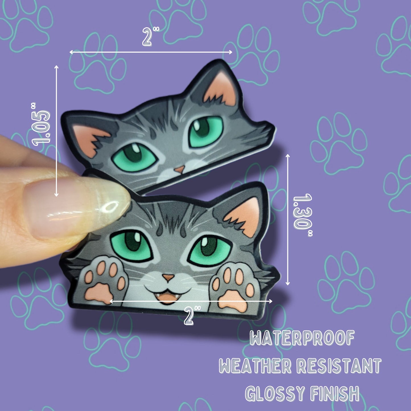 2 Pack Cat-Mini-Peekers Cat Peeking Stickers |Cat Face and Paws| Silver-Grey 2"x1.05"-2"x1.30"