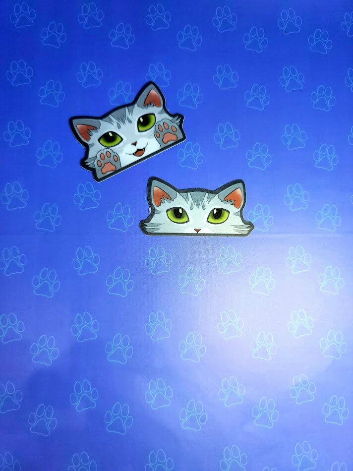 2 Pack Cat-Mini-Peekers Cat Peeking Stickers |Cat Face and Paws| Silver-Grey 2"x1.05"-2"x1.30"