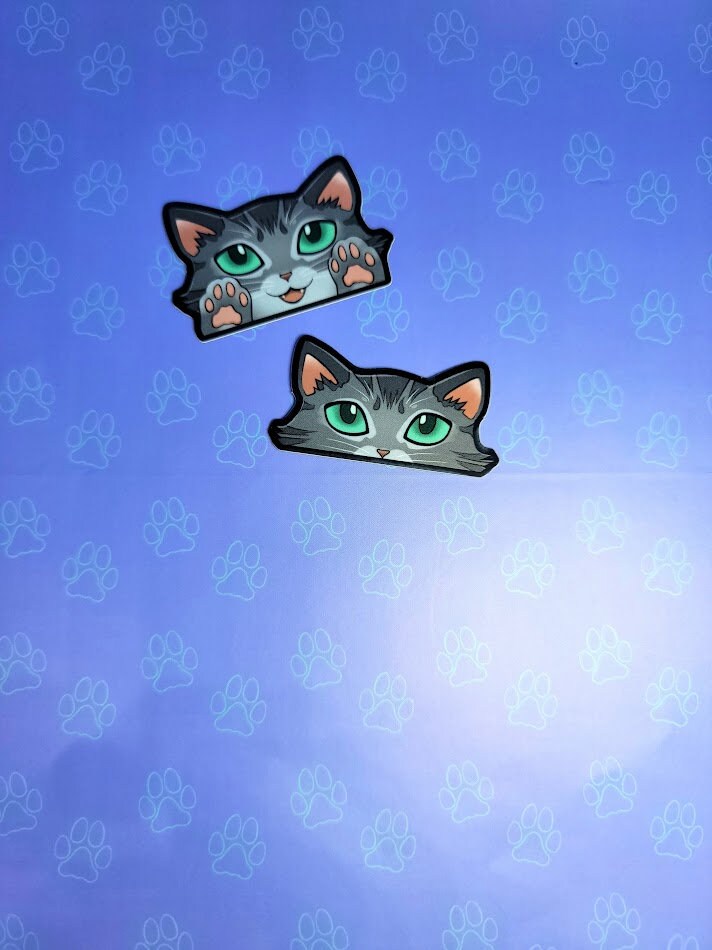 2 Pack Cat-Mini-Peekers Cat Peeking Stickers |Cat Face and Paws| Silver-Grey 2"x1.05"-2"x1.30"