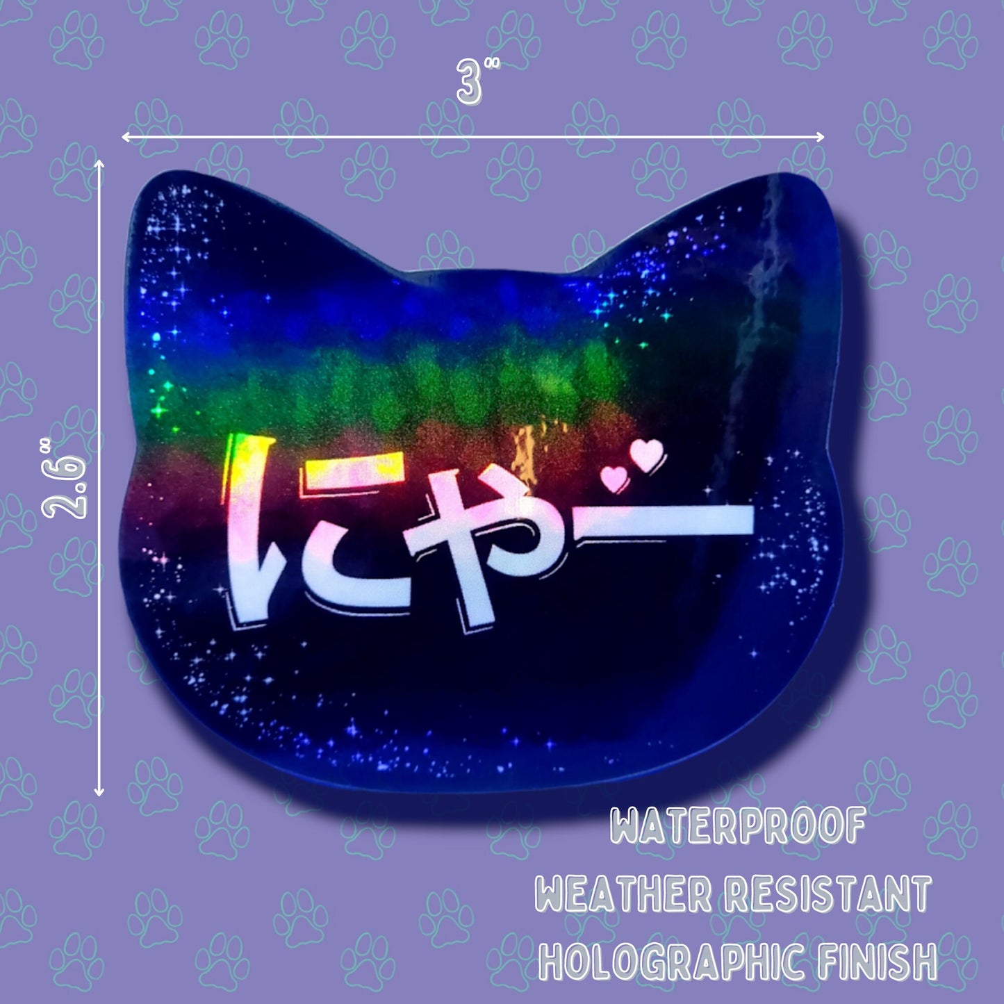 Cat-Cute-Holographic  Japanese Nya Sticker-Japanese KawaiiKowaii Sticker |Cat Quote Holographic| Holographic Black 3"x2.6"