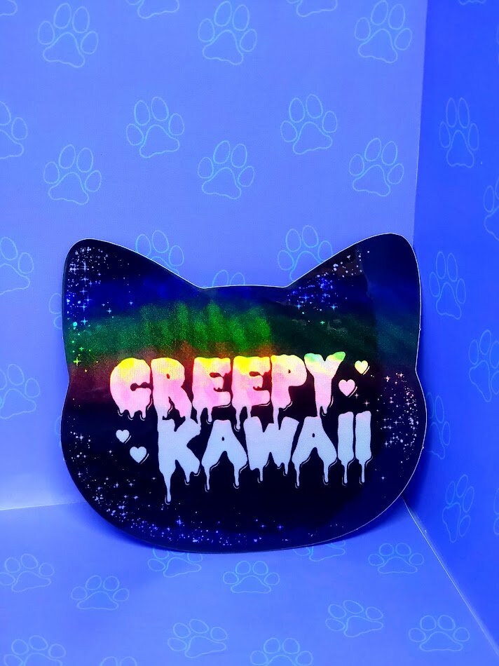 Cat-Cute-Holographic  Need My Coffee Sticker-Creepy Kawaii Sticker |Cat Quote Holographic| Holographic Black 3"x2.6"