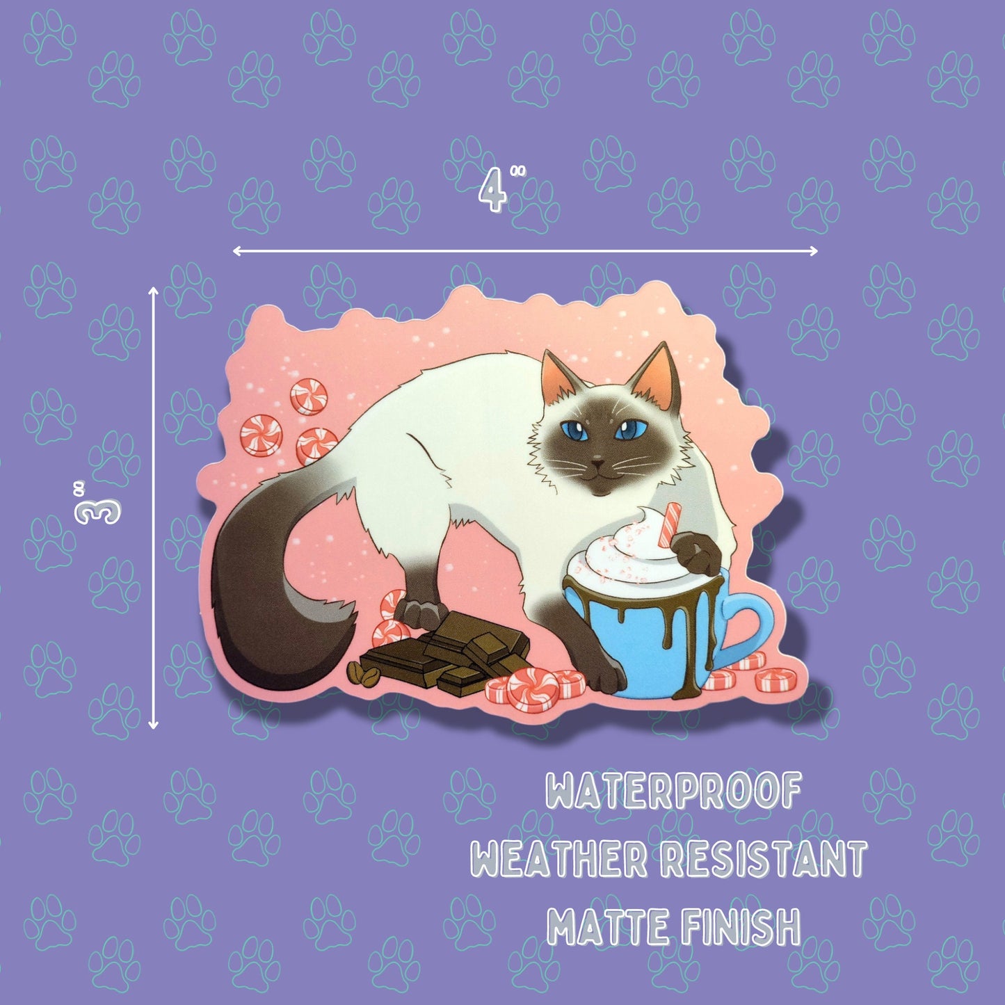 Pawpurrmint Meowcha Cat-Cute-Matte Peppermint Mocha Coffee Sticker |Cat Sticker Matte| 4" x 3"