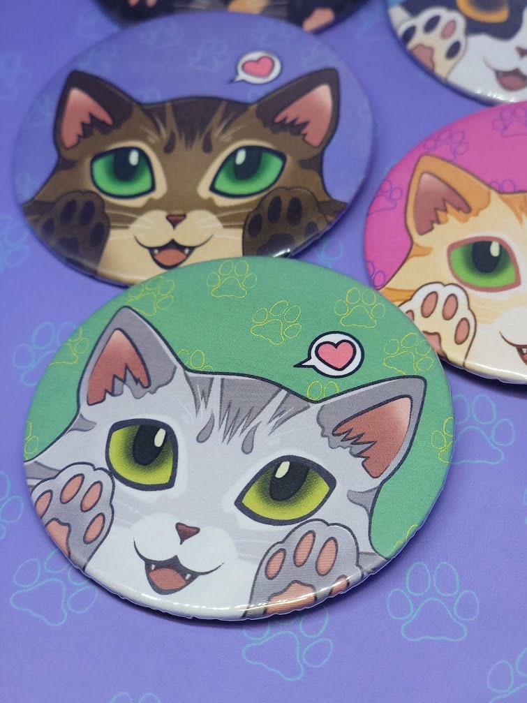 Cat-Cute-Button-Pins - Cat Peeker Buttons - Cat Face Pin - Toe Bean Peeker Pins - Cat Pinback Button - 2.25"