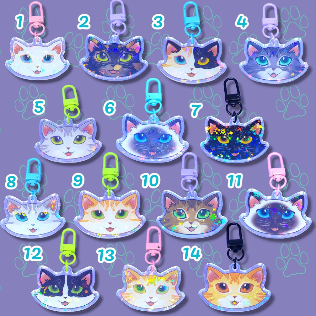 Cat-Cute-Holographic-Keychains - Cat Face Charms - Cat Keychain - Holographic Star Acrylic Keychain - 2" x 1.37"