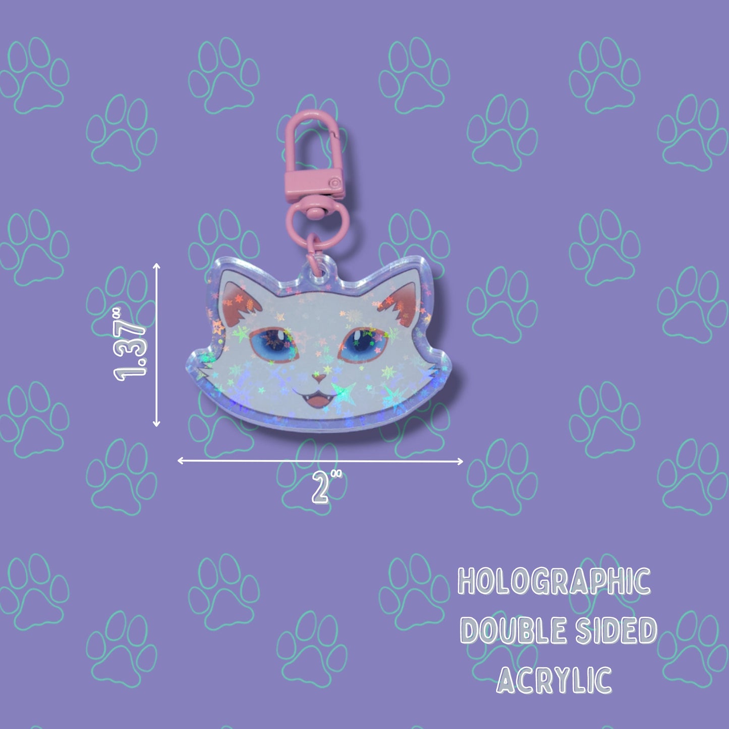 Cat-Cute-Holographic-Keychains - Cat Face Charms - Cat Keychain - Holographic Star Acrylic Keychain - 2" x 1.37"