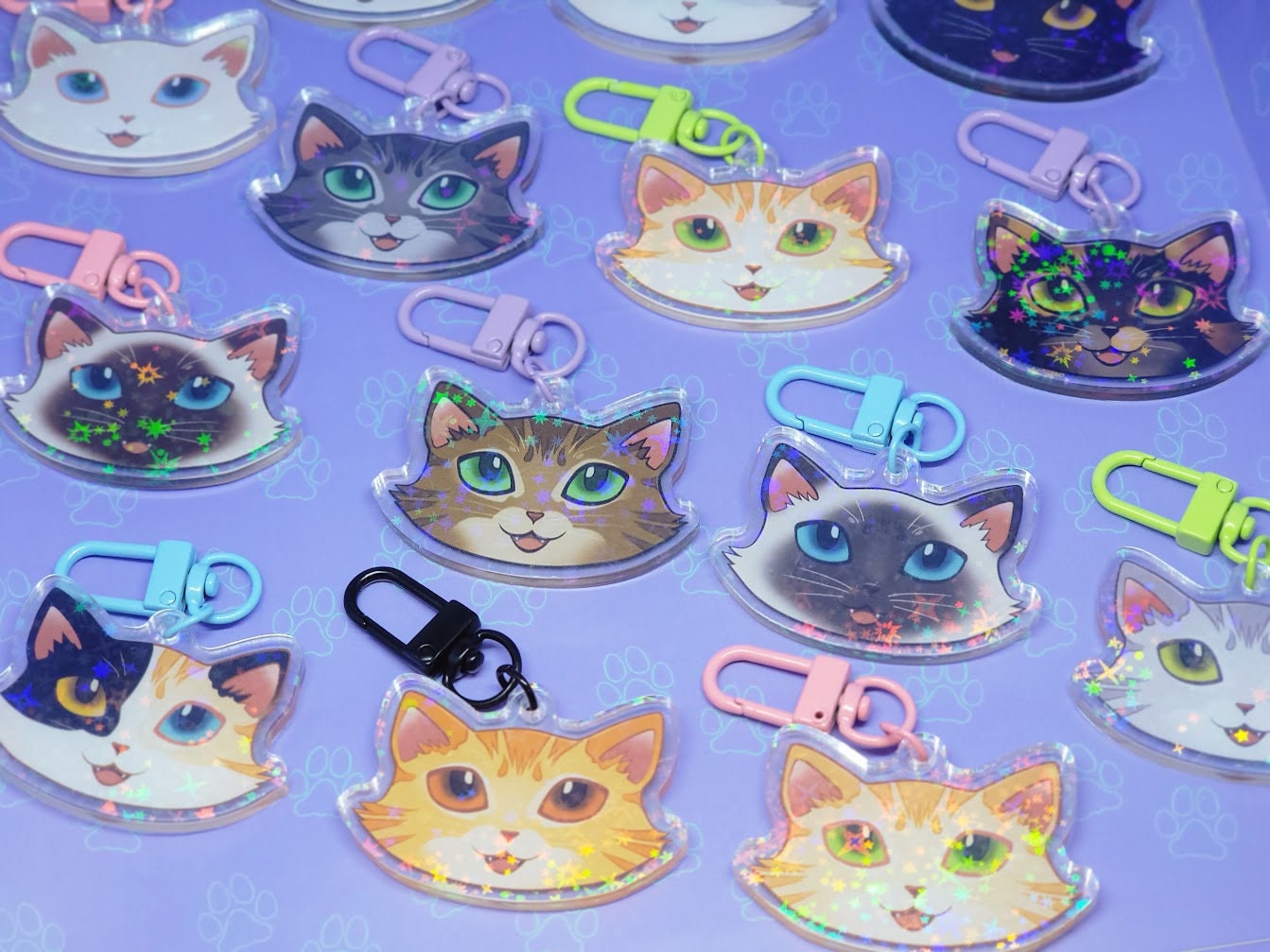 Cat-Cute-Holographic-Keychains - Cat Face Charms - Cat Keychain - Holographic Star Acrylic Keychain - 2" x 1.37"