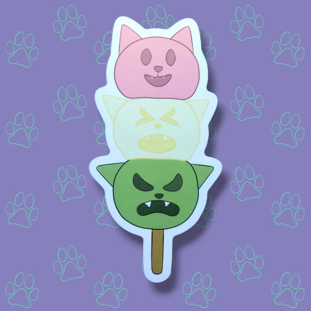 Cat-Cute-Matte Japanese Treat Dango - Tri Color - Mitarashi - Kawaii Dango Cat Face Sticker |Cat Expressions Funny Sticker Matte| 2"x4.05"