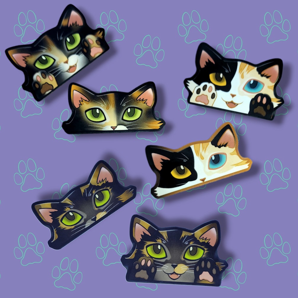 2 Pack Cat-Mini-Peekers Cat Peeking Stickers |Cat Face and Paws| Calico-Tortoiseshell 2"x1.05"-2"x1.30"