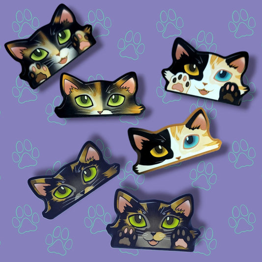 2 Pack Cat-Mini-Peekers Cat Peeking Stickers |Cat Face and Paws| Calico-Tortoiseshell 2"x1.05"-2"x1.30"