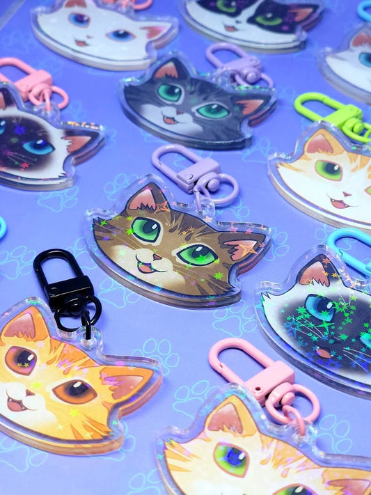 Cat-Cute-Holographic-Keychains - Cat Face Charms - Cat Keychain - Holographic Star Acrylic Keychain - 2" x 1.37"