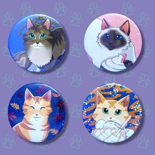 Cat-Cute-Button-Pins - Cat Coffee Buttons - Cappuccino Latte Pumpkin Spice Salted Caramel Peppermint Mocha Pin - Cat Pinback Button - 2.25"