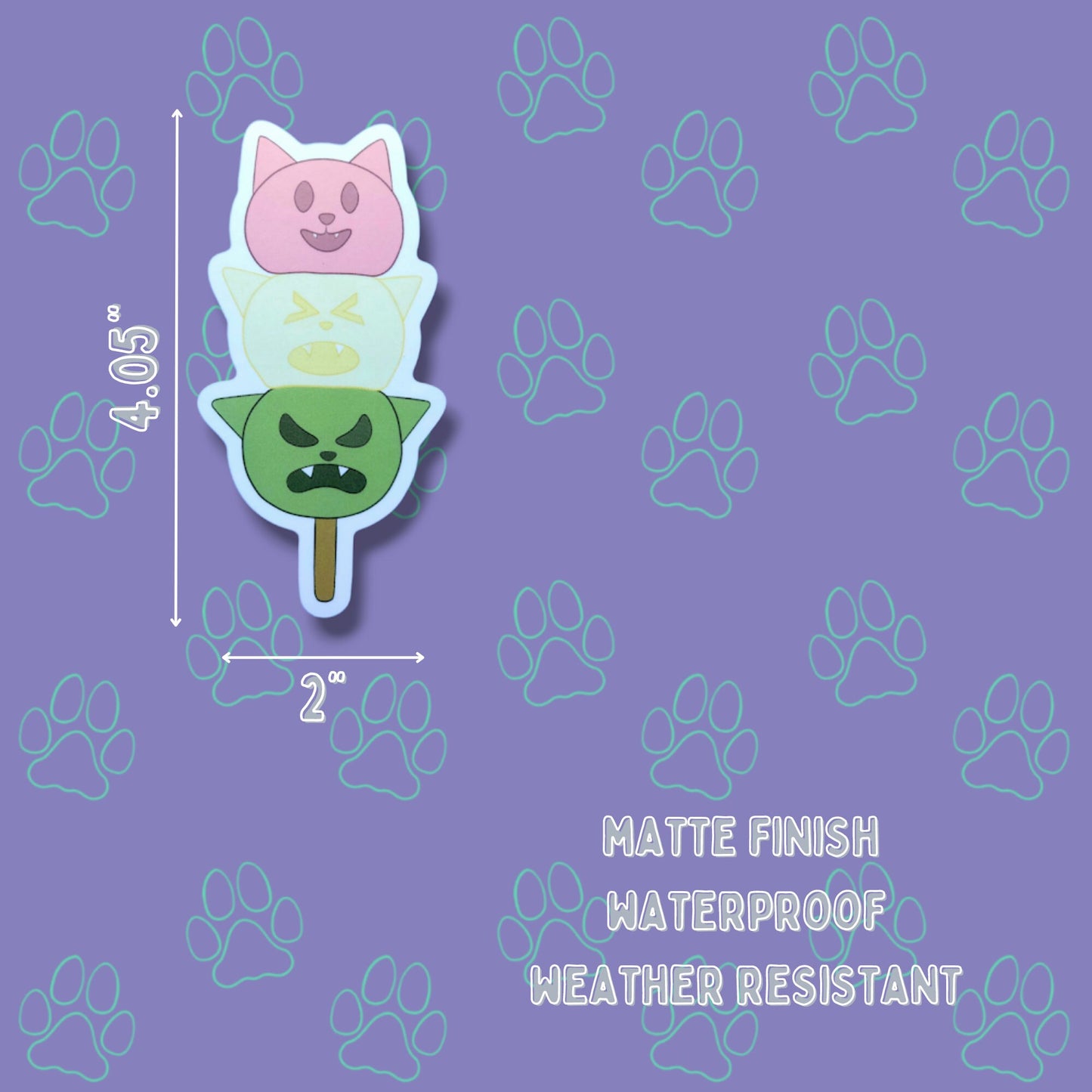 Cat-Cute-Matte Japanese Treat Dango - Tri Color - Mitarashi - Kawaii Dango Cat Face Sticker |Cat Expressions Funny Sticker Matte| 2"x4.05"