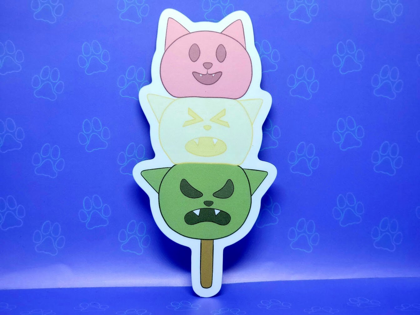 Cat-Cute-Matte Japanese Treat Dango - Tri Color - Mitarashi - Kawaii Dango Cat Face Sticker |Cat Expressions Funny Sticker Matte| 2"x4.05"