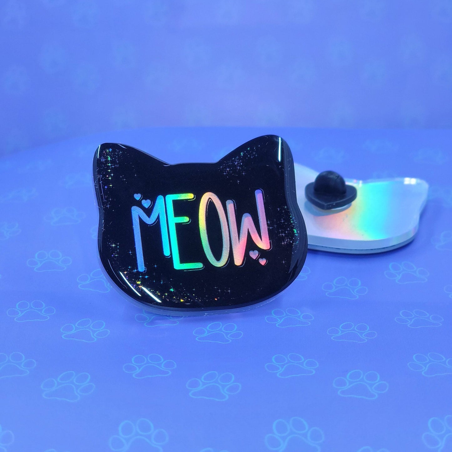 Cat-Cute-Holographic Pin |Holographic Meow Pin| Cat Pin 2"x1.75" |Cat Shaped Epoxy Acrylic Pin|
