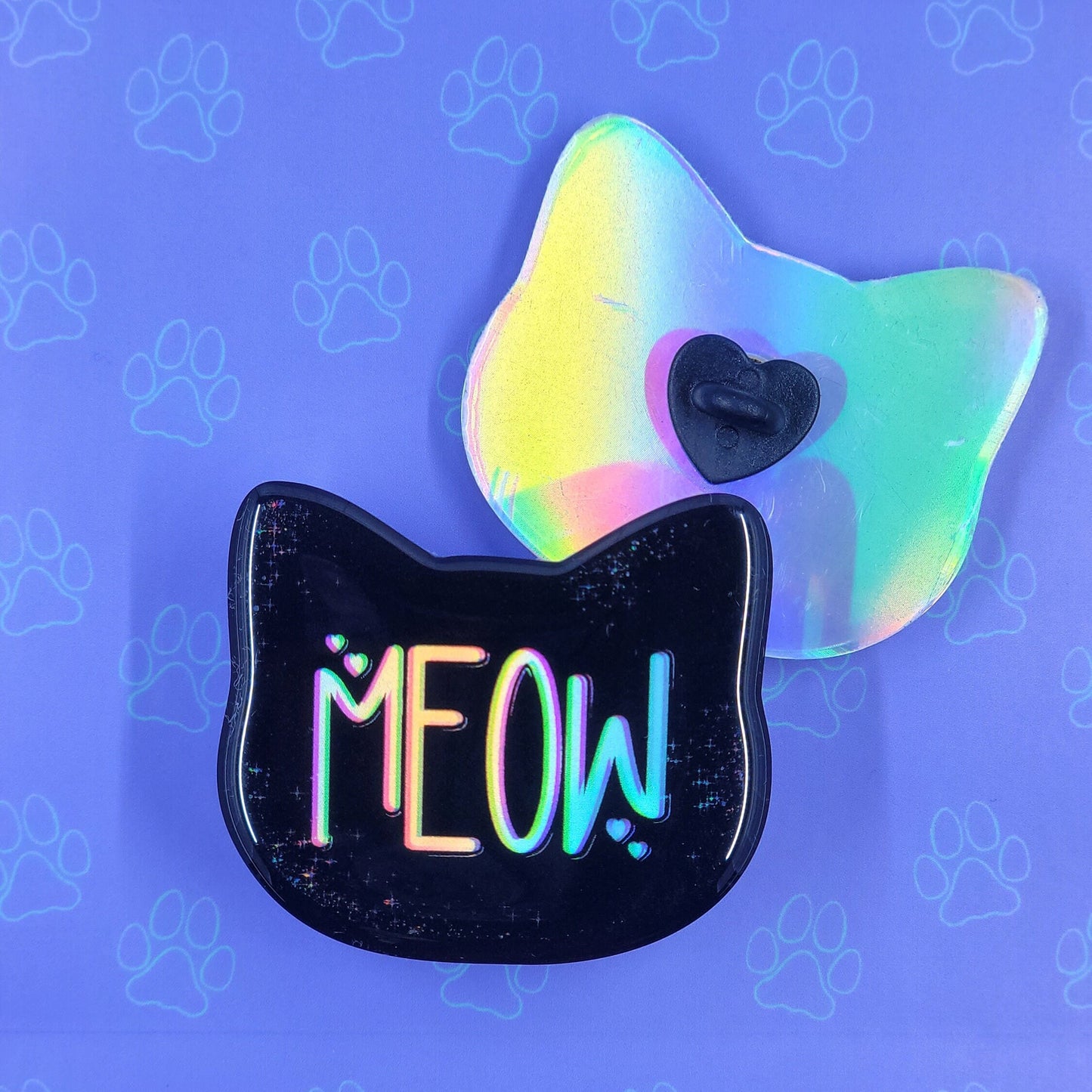Cat-Cute-Holographic Pin |Holographic Meow Pin| Cat Pin 2"x1.75" |Cat Shaped Epoxy Acrylic Pin|