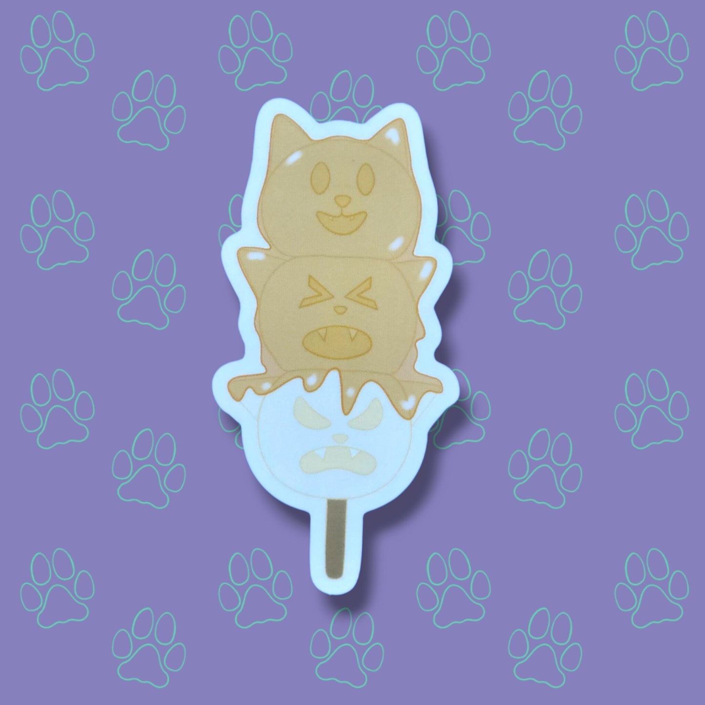 Cat-Cute-Matte Japanese Treat Dango - Tri Color - Mitarashi - Kawaii Dango Cat Face Sticker |Cat Expressions Funny Sticker Matte| 2"x4.05"