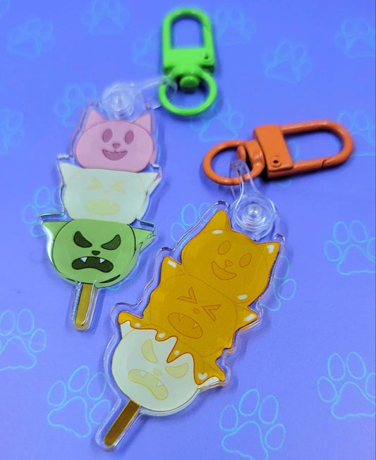 Cat-Cute Japanese Treat Dango - Tri Color - Mitarashi - Kawaii Dango Cat Face Keychain |Cat Expressions Funny Keychain| 1"x2"
