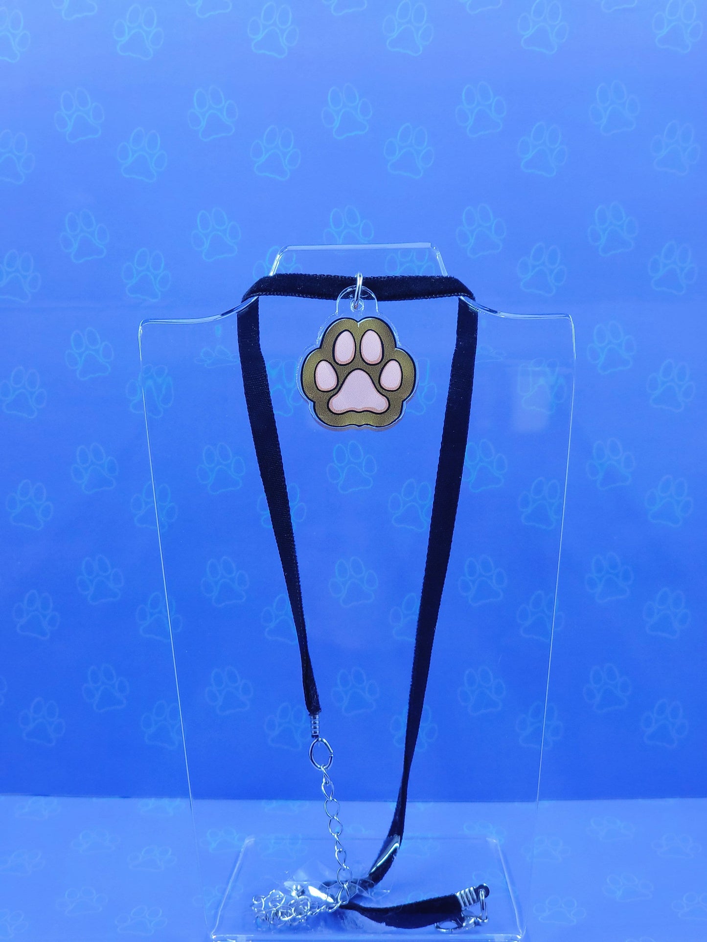 Cat-Paw-Acrylic-Choker-Necklace - Toe Beans Charm - Cat Necklace -  Acrylic Charm Black Velvet Choker Necklace - 1" x 1"