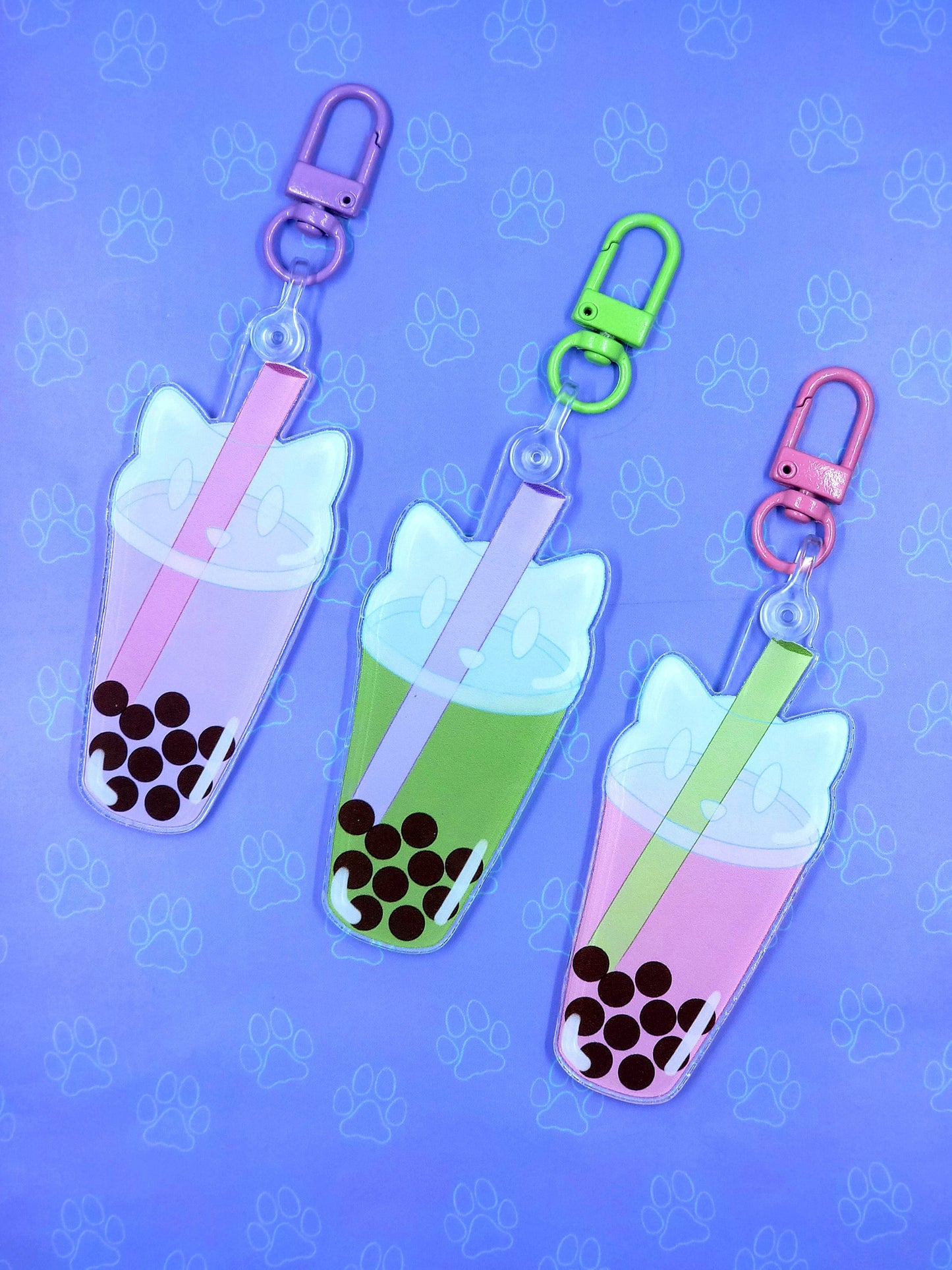 Cat-Cute-Keychain Boba Cat - Taro - Strawberry - Matcha - Kawaii Boba Cat Face Acrylic Keychain |Cat Expressions Funny Keychain| 1.44"x3"